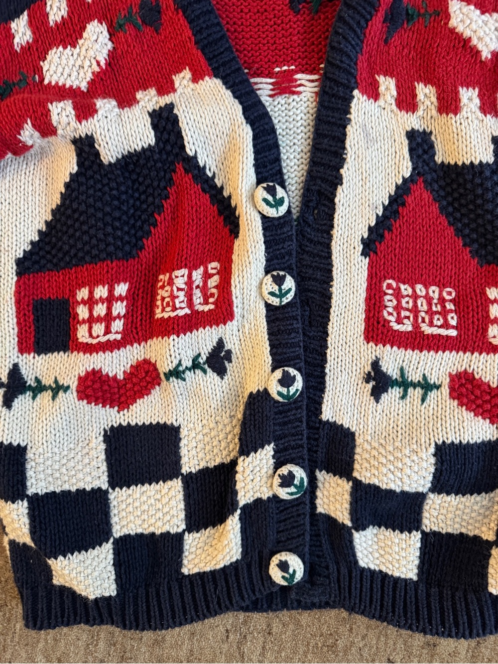 Cozy Knit Cardigan with House Motif in Red, Navy & Cream - Picture 2 of 3